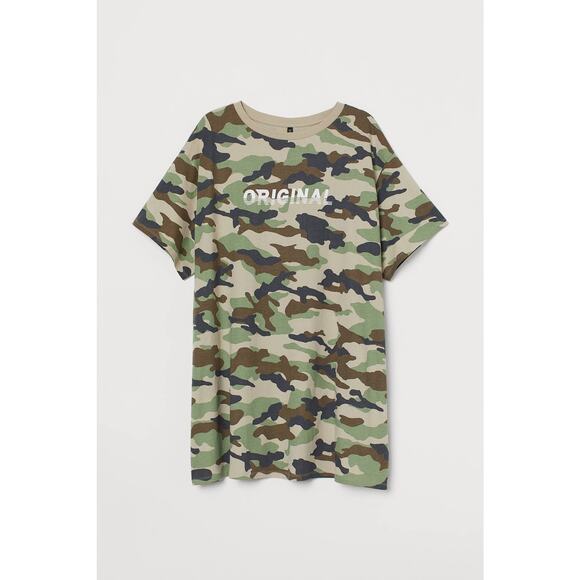 Divided H&M Green Beige Camo Camouflage Short Sleeve T-Shirt Dress Size 10 - Picture 1 of 7